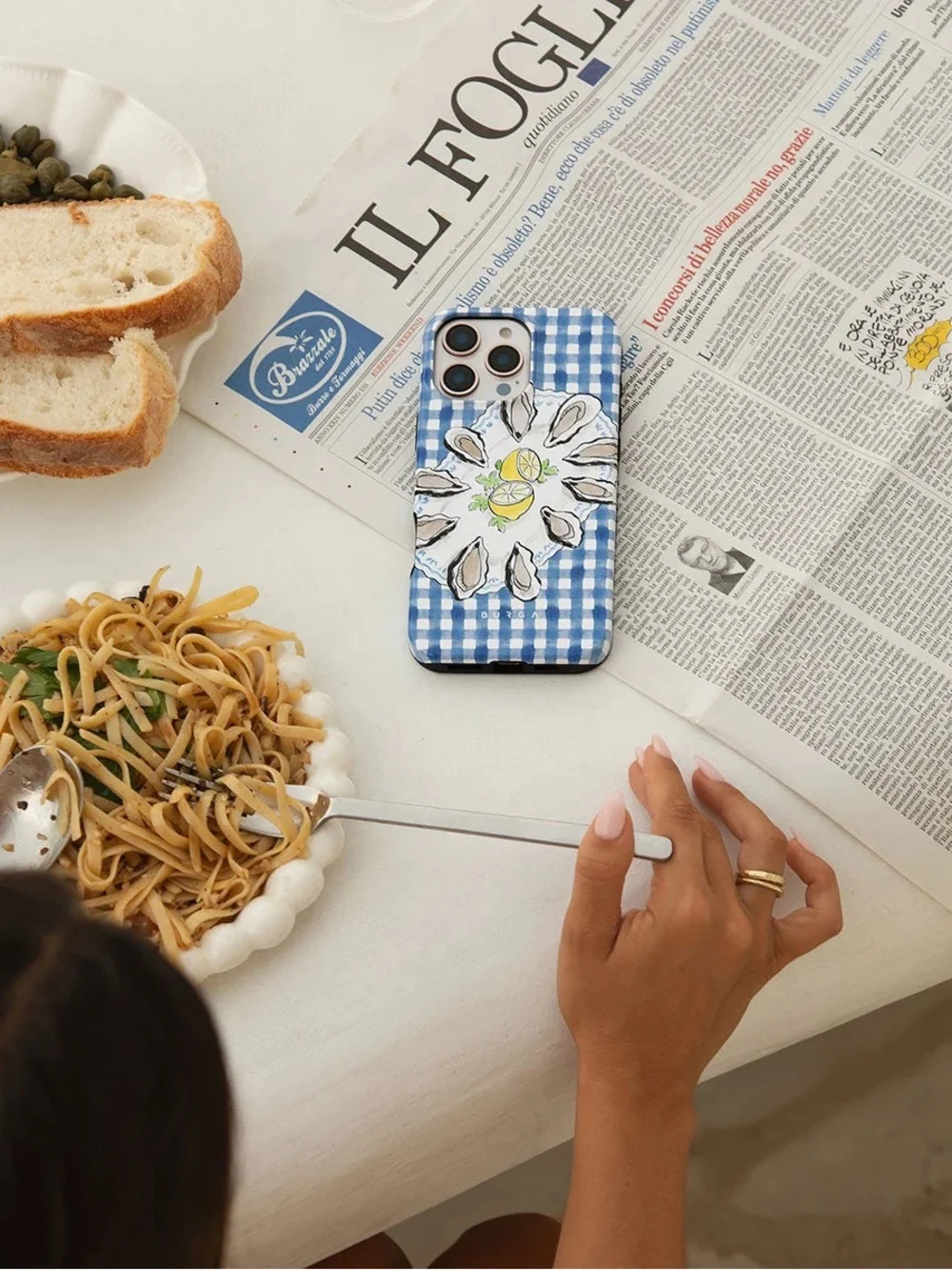 Burga Blue Gingham Oyster & Lemon iPhone Case. iPhone 14 Pro Case 🌊